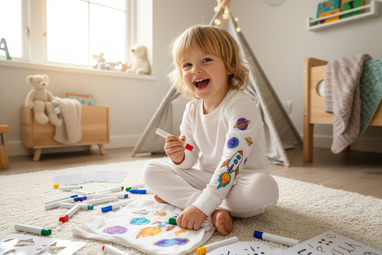 a cheerful child sitting on the floor coloring their own white pajama with bright fabric markers, colorful rockets and planets appearing on the fabric, cozy daylight, Scandinavian kids bedroom, warm atmosphere, realistic photography, 8K detail
