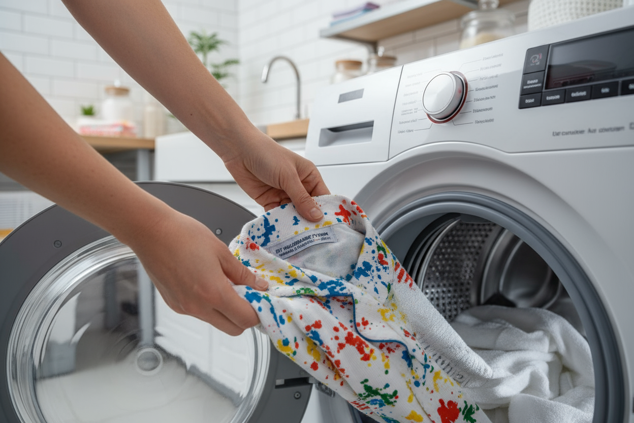 A close-up of hands placing a colored pajama into a washing machine, showing confidence and safety, clean modern laundry room, realistic photography, focus on washable and durable fabric after 24H you can clean the DIY inkleurbaare pyjama