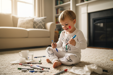 candid photo of a happy child sitting on the floor in a cozy home, coloring their own white pajama with fabric markers, black outline drawings of rockets and planets visible on the pajama, markers scattered around, natural daylight from window, slightly warm tone, soft blur background, captured with iPhone camera style, realistic lighting, cozy family home, looks like a real social media post, authentic vibe, 4k realistic detail