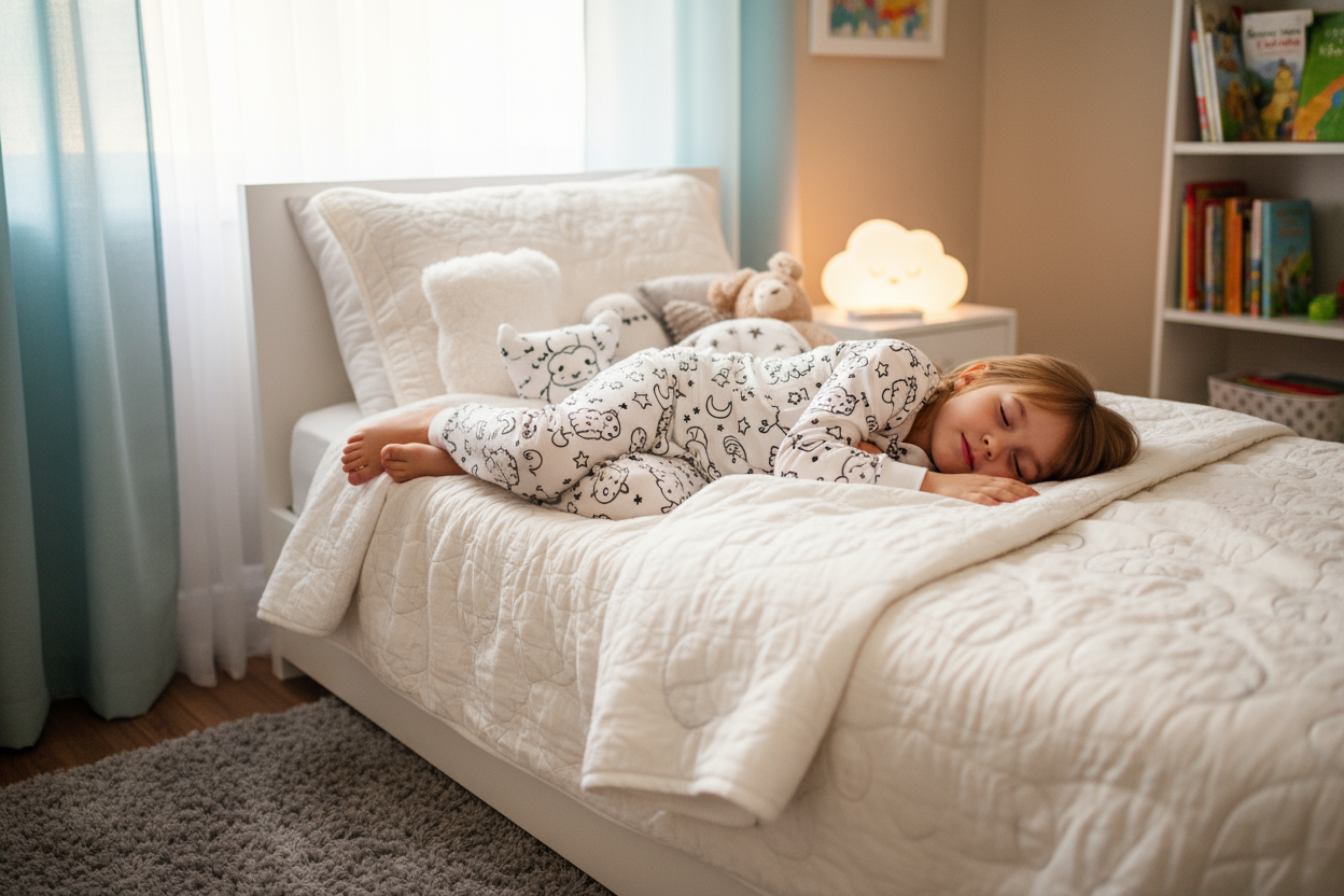 kid sleeping in his bed pecefull with his inkleurbare pyjama